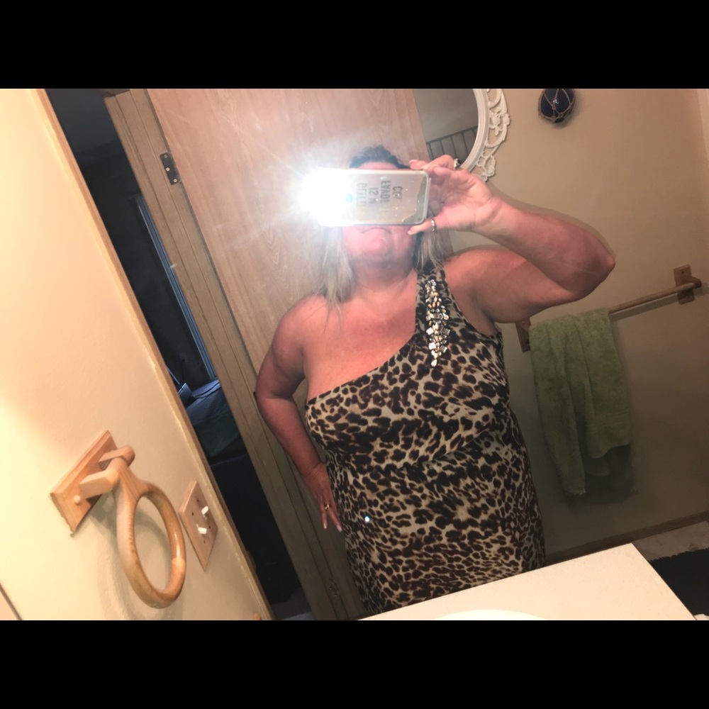 Leopard print with gemstone on one shoulder dress